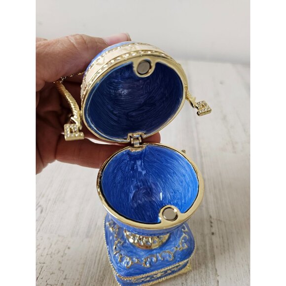 Toscano Katyas Blue trophy egg trinket box hinge jewelry gold rhinestone new - Picture 8 of 8
